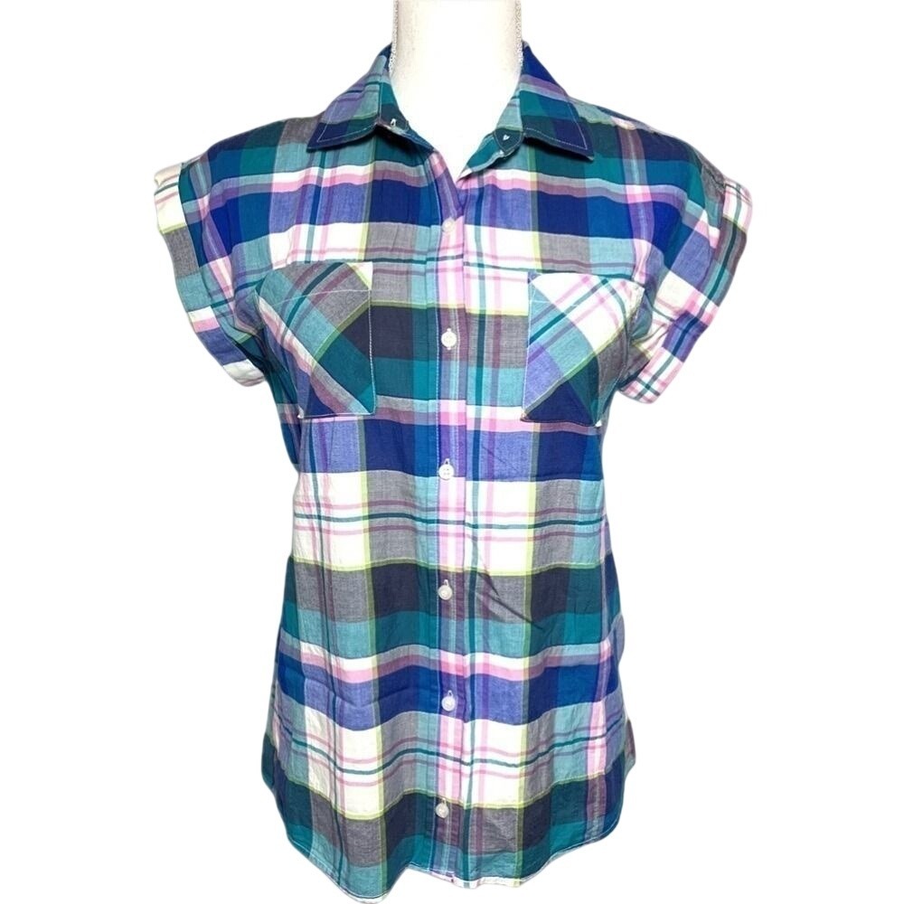 Tommy Hilfiger Cotton Short Sleeve Plaid Button Down Shirt Women Small